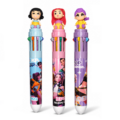 K-Pop Demon Hunters Themed 10-in-1 Multicolor Pen Set of 3 | Cute Character Topper | 10 Color Retractable Ball Pens for School, Office, Journaling & Gifts