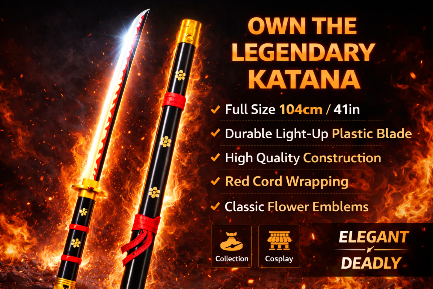 Buy LED Light Katana Sword with plastic blade and wooden handle. 104cm decorative samurai sword perfect for cosplay, anime fans, display and collection.(White Light)