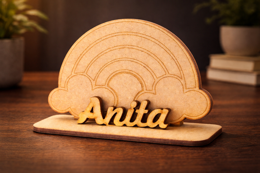 MDF Wooden Name Standee with Rainbow Design | Custom Name Desk Decor | Room Decoration | Unique Birthday Gift for Girls & Boys | Handmade Wooden Name Standee