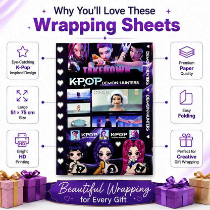 K Pop Demon Hunters Gift Wrapping Paper Set of 5 with 5 Ribbons | Premium Printed Gift Wrap Sheets | 51 × 75 cm