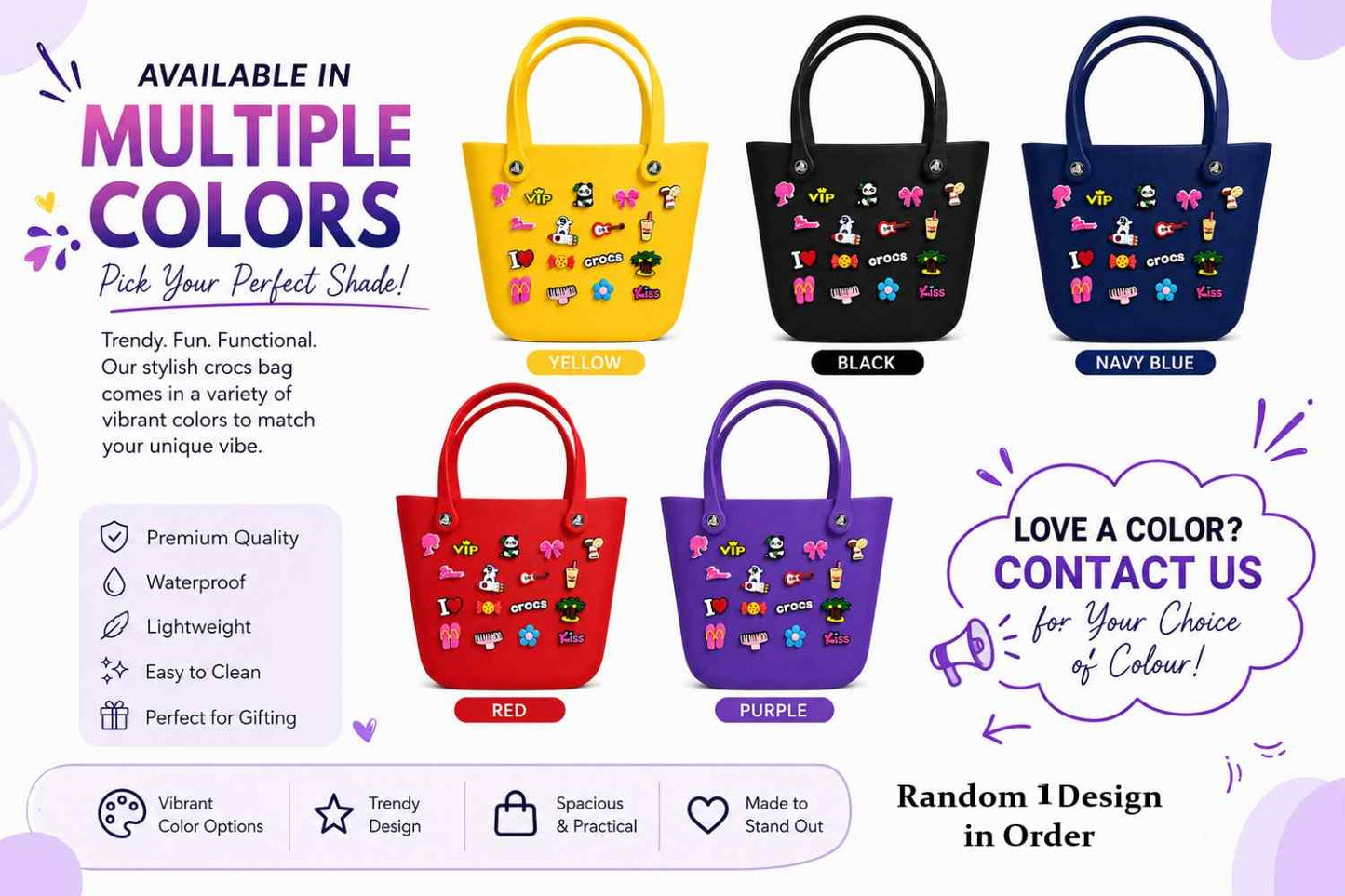 Silicone Croc Tote Bag with Decorative Charms for Girls & Women | Waterproof Lightweight Shoulder Handbag | 33 × 26 × 16 cm | Purple | Large