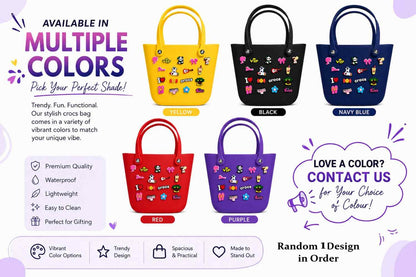 Silicone Croc Tote Bag with Decorative Charms for Girls & Women | Waterproof Lightweight Shoulder Handbag | 33 × 26 × 16 cm | Purple | Large