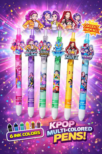 K POP Demon Hunters Ball Pen Set of 6 | Cute Anime Character Pens | Smooth Writing Blue Ink Pens | Cartoon Figure Pens for Kids, Girls, School & Gift Use (3D Topper)