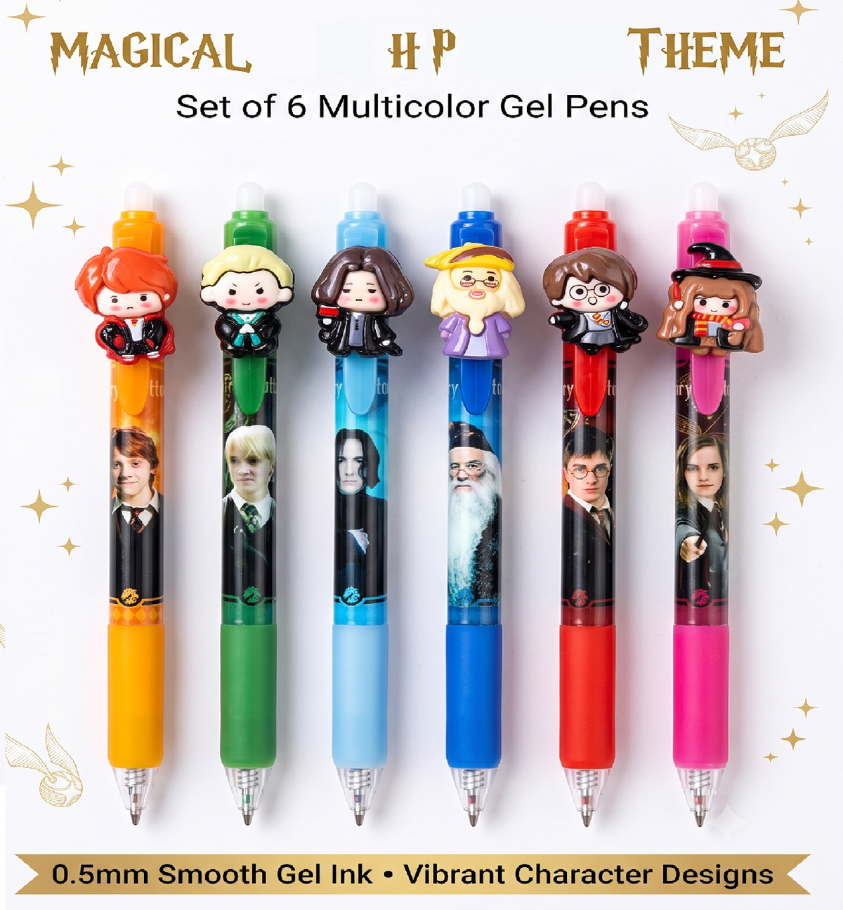 Harry Potter Pen Set of 6 Multicolor Gel Pens with 3D Character Toppers for School College Office and Gifting