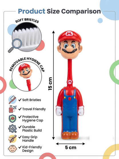 Mario Inspired Kids Toothbrush with Protective Cap | Soft Bristles Cartoon Character Toothbrush for Boys & Girls | Travel Friendly