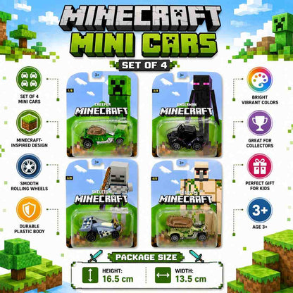 Minecraft Mini Cars Set of 4 – Creeper, Enderman, Skeleton & Iron Golem Collectible Toy Cars | Individually Packed Gift Set for Kids 3+