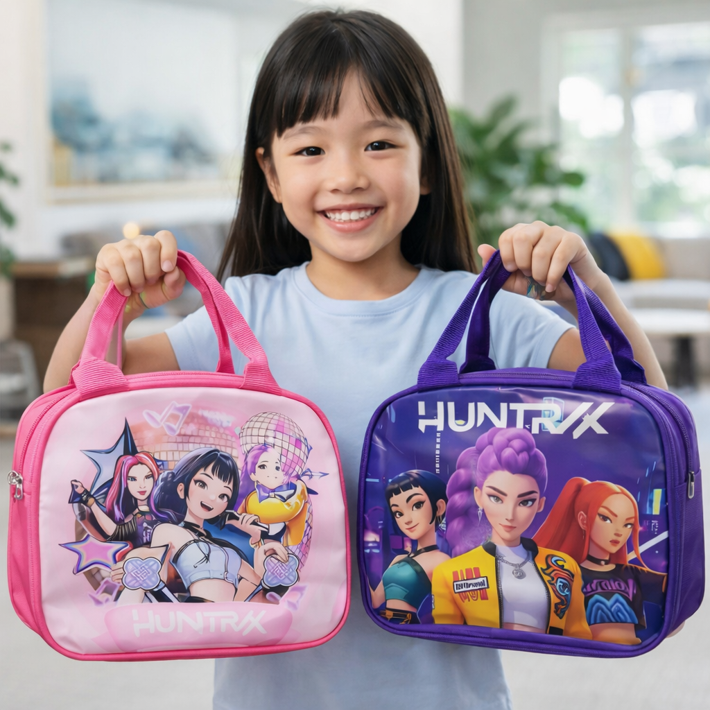 K POP  Demon Hunters Lunch Bag for Kids Girls – Stylish Insulated Handbag, Durable Fabric, Spacious Zipper Compartment, Lightweight Lunch Box (Pink & Purple) – Random 1 Pc