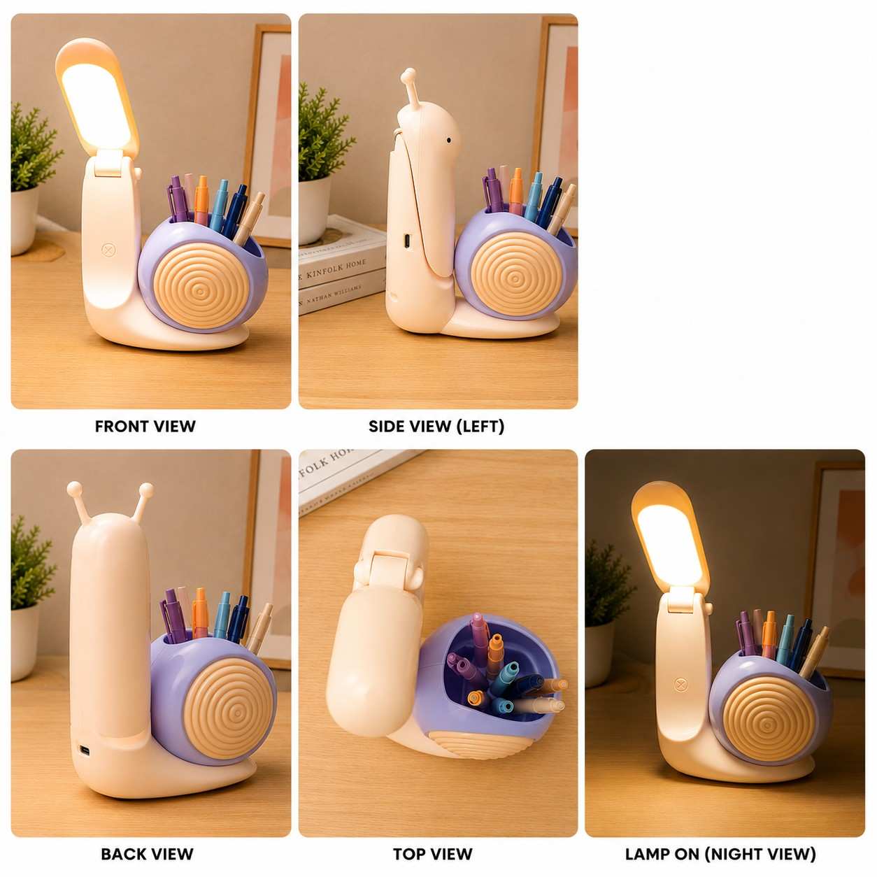 Snail LED Desk Lamp with Pen Holder | USB Rechargeable Foldable Study Lamp | 2 Light Modes | Cute Table Lamp for Boys & Girls(RANDOM 1PC)