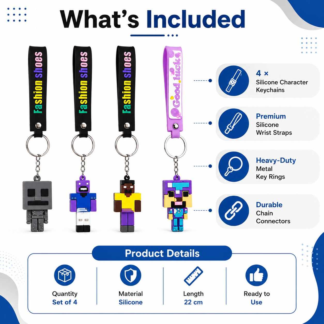 Mine Character Silicone Wrist Keychain Set of 4 | Premium Silicone Key Holder with Wrist Strap | Cute Mine Character Keychains for Keys, Bags, Backpack & Gifts