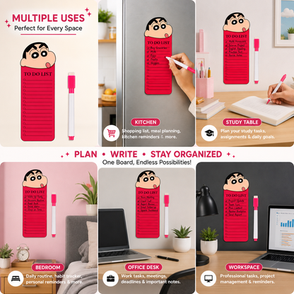 Sinchan to Do List Fridge Magnet with Marker, Reusable Acrylic Daily Planner Board, Magnetic Task Checklist for Home, Kitchen, Office & Kids, Pink Cartoon Design, 24 x 9 cm