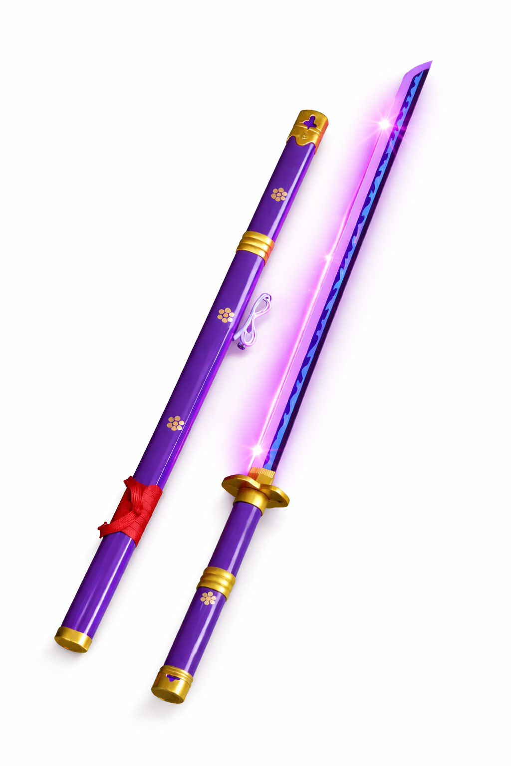Premium LED Purple Samurai Sword with glowing plastic blade and wooden upper part. Lightweight, safe and durable toy sword with plastic cover. Perfect for cosplay, decoration and kids play. Length 104cm (ENMA VIOLET)