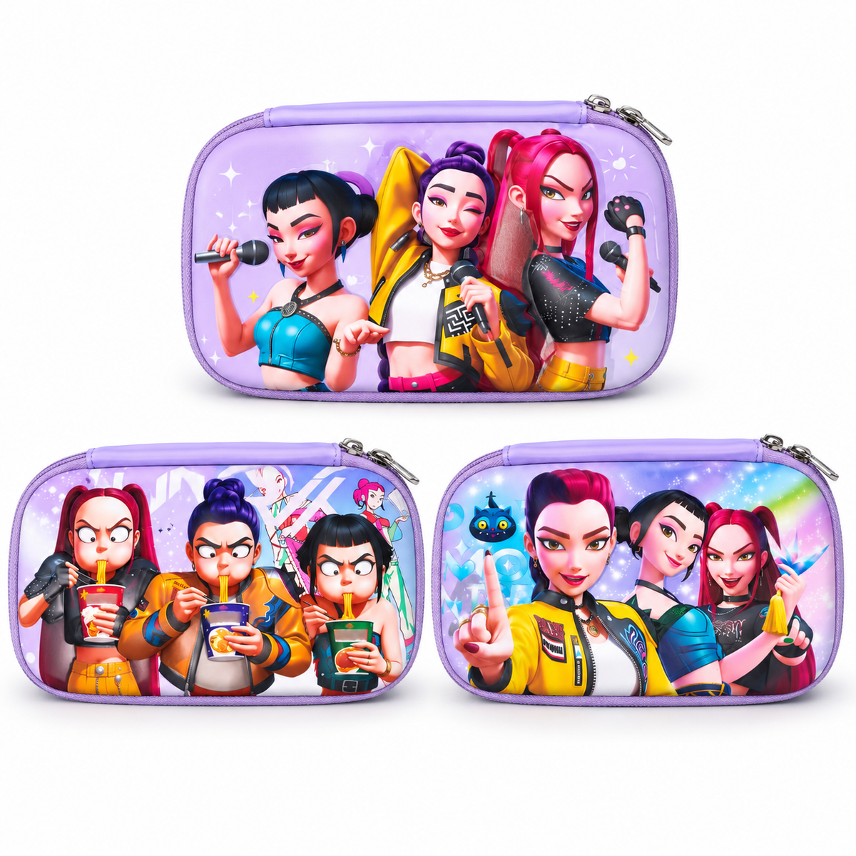 K POP Demon Hunters Pencil Pouch for Kids & Girls | Large Capacity Pencil Case with Double Zipper, Mesh Pocket & Pen Loops | 22.5 × 14 × 5 cm (Random 1 Pc)