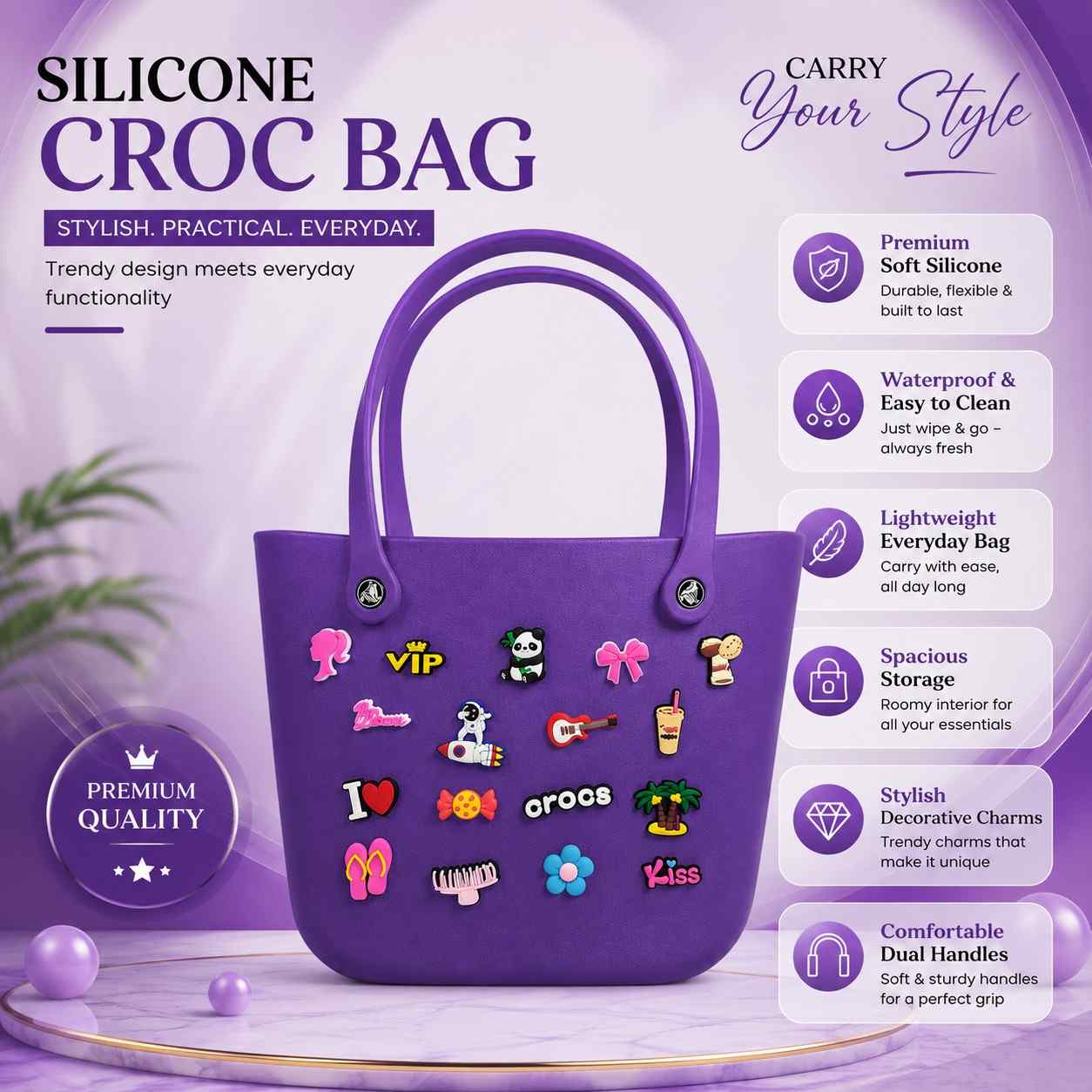 Silicone Croc Tote Bag with Decorative Charms for Girls & Women | Waterproof Lightweight Shoulder Handbag | 33 × 26 × 16 cm | Purple | Large