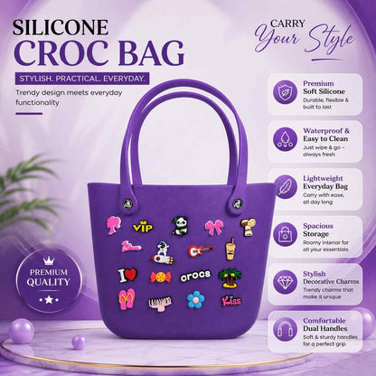 Silicone Croc Tote Bag with Decorative Charms for Girls & Women | Waterproof Lightweight Shoulder Handbag | 33 × 26 × 16 cm | Purple | Large