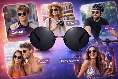 Round Black Sunglasses for Men & Women | UV Protection Stylish Metal Frame Sunglasses | Lightweight Retro Fashion Goggles