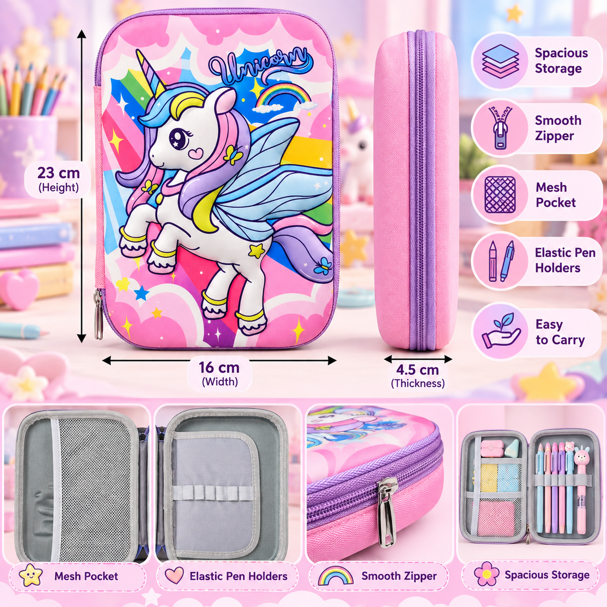 Unicorn Pencil Pouch for Girls – Pink Unicorn Pencil Case with Mesh Pocket & Pen Holders