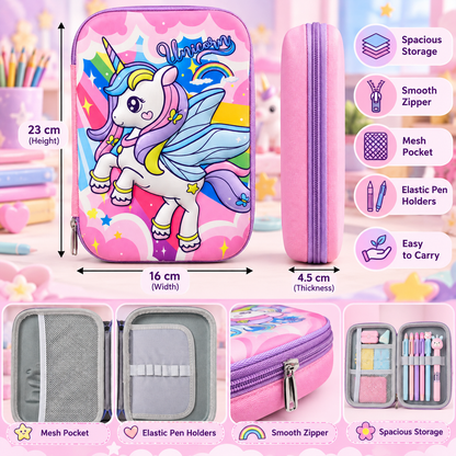 Unicorn Pencil Pouch for Girls – Pink Unicorn Pencil Case with Mesh Pocket & Pen Holders