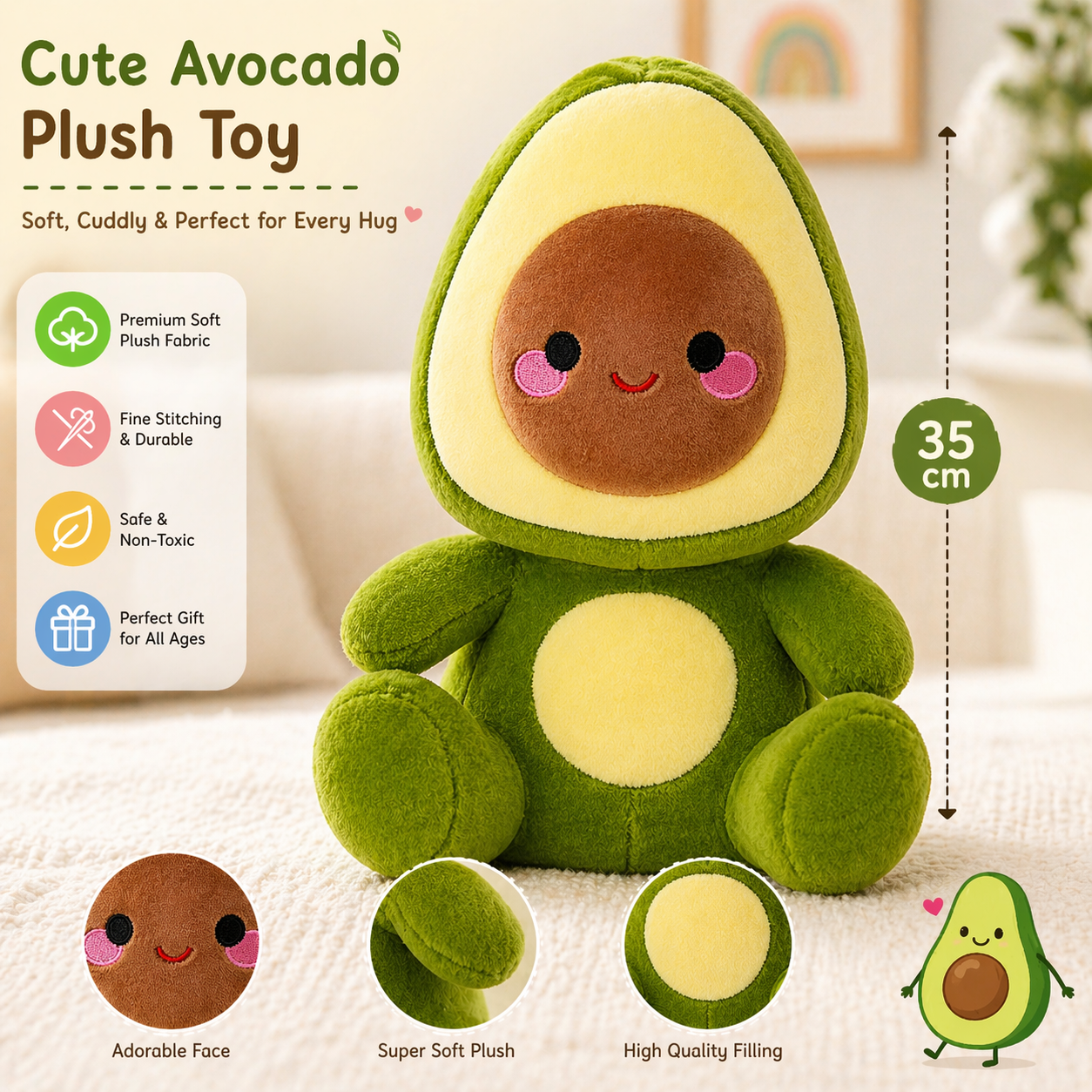 Cute Avocado Plush Toy (35cm) – Soft Stuffed Kawaii Cushion for Kids, Girls, Boys & Gift Lovers