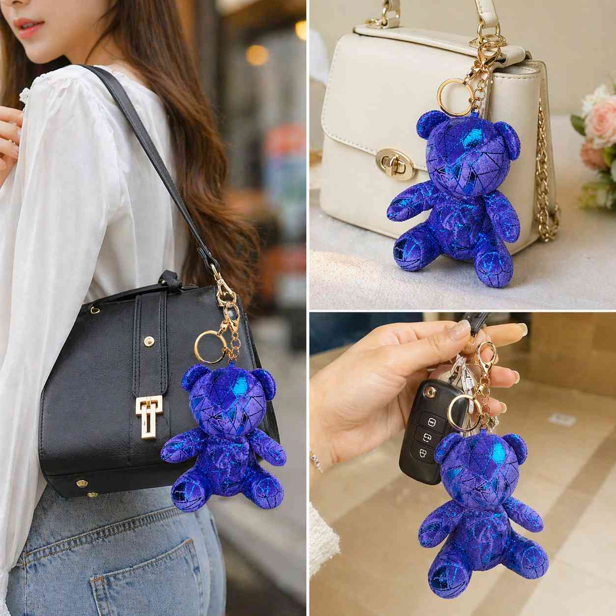Shiny Teddy Bear Keychain – Cute Plush Bag Charm | Random 1 PCS | Stylish Key Holder Gift for Girls