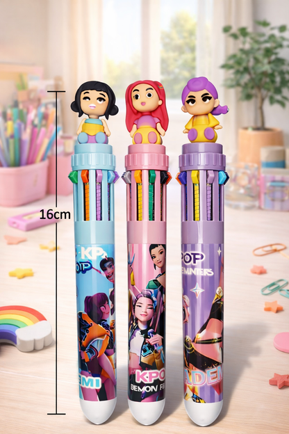 K POP Demon Hunters Multicolor 10-in-1 Retractable Pen Set with Cute Doll Topper | Cartoon Multi Ink Pen for Kids, School, Office & Gifts (Pack of 3)