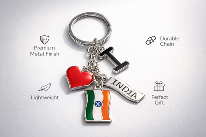India Flag Keychain with Heart & I Love India Charm | Premium Metal Key Ring | Patriotic Gift for Men Women | Tricolor Keychain for Bike Car Bag | Independence Day Gift