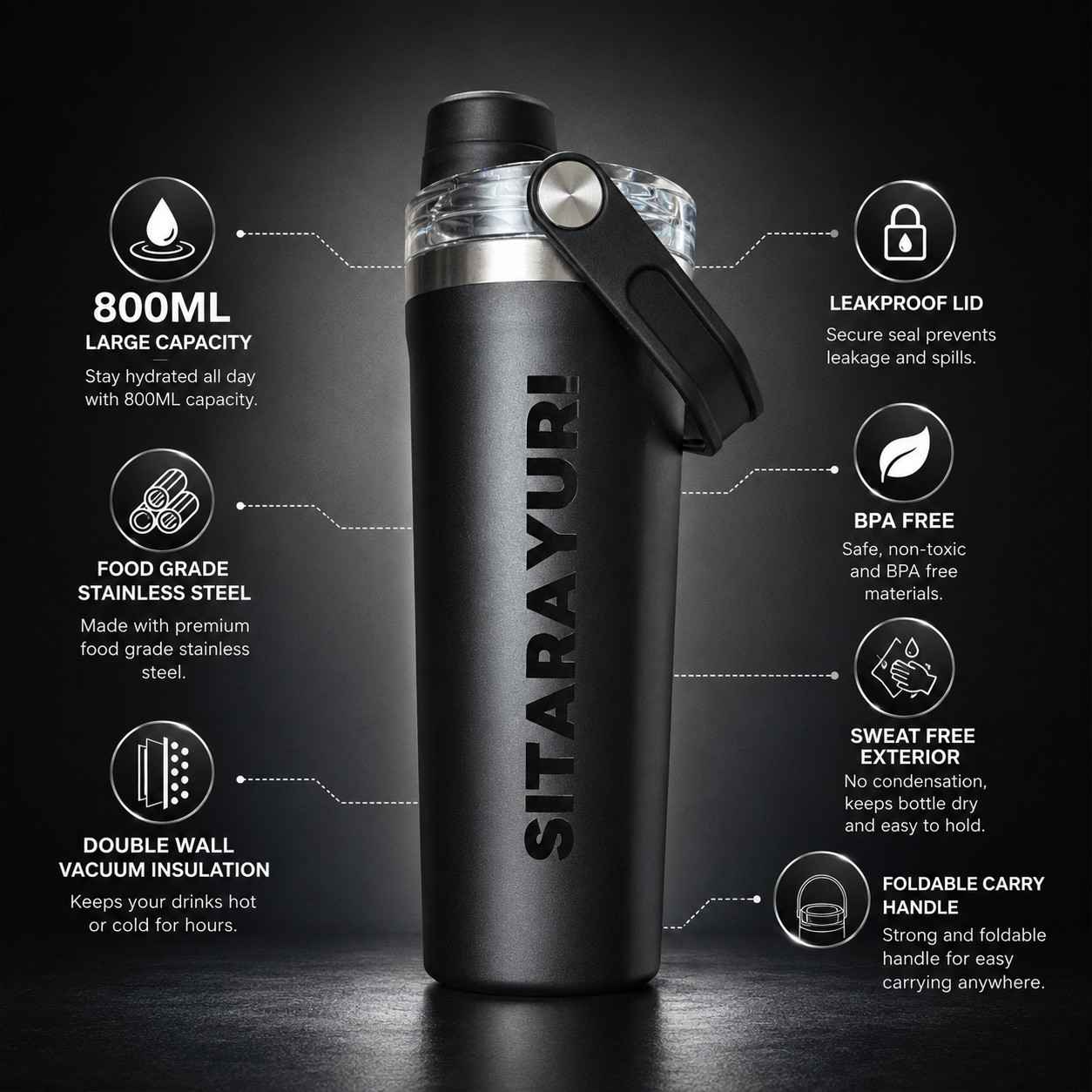 SITARAYURI 800ML Stainless Steel Insulated Water Bottle | Double Wall Vacuum Flask | Leakproof BPA Free Sports Bottle with Carry Handle | Black (COD NOT AVAILABLE)
