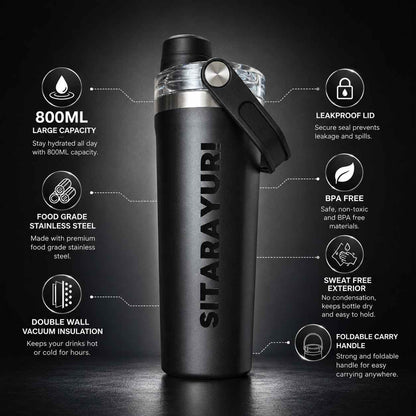 SITARAYURI 800ML Stainless Steel Insulated Water Bottle | Double Wall Vacuum Flask | Leakproof BPA Free Sports Bottle with Carry Handle | Black (COD NOT AVAILABLE)