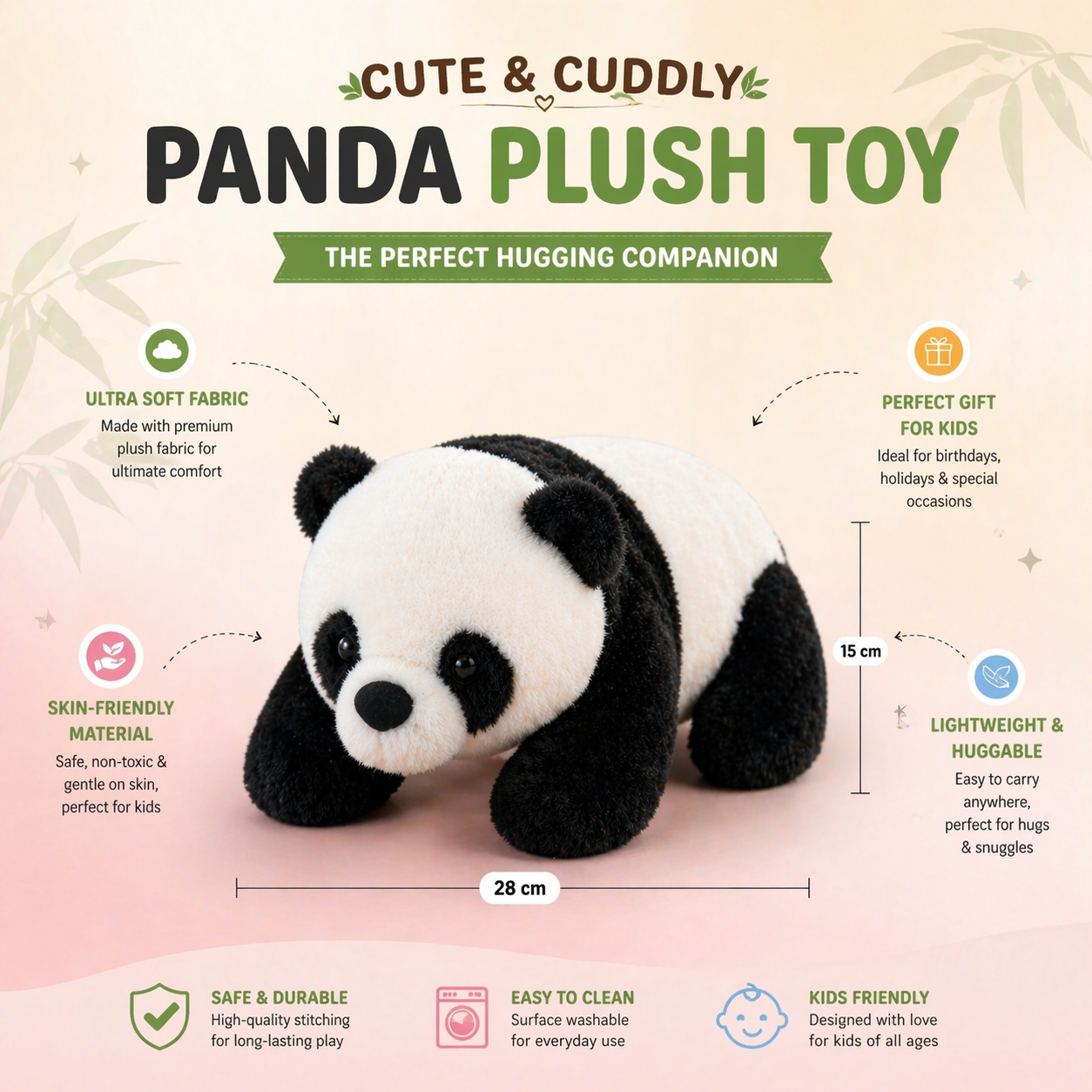 Panda Piku Soft Toy – 28cm Cute Panda Plush Toy for Kids, Ultra Soft & Huggable Teddy, Gift for Boys & Girls