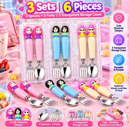 K POP Demon Hunter Hunterix Rumi Meera Zoey Spoon & Fork Set for Kids, Girls & Women – 3 Sets, 6 Pieces with 3 Transparent Storage Cases