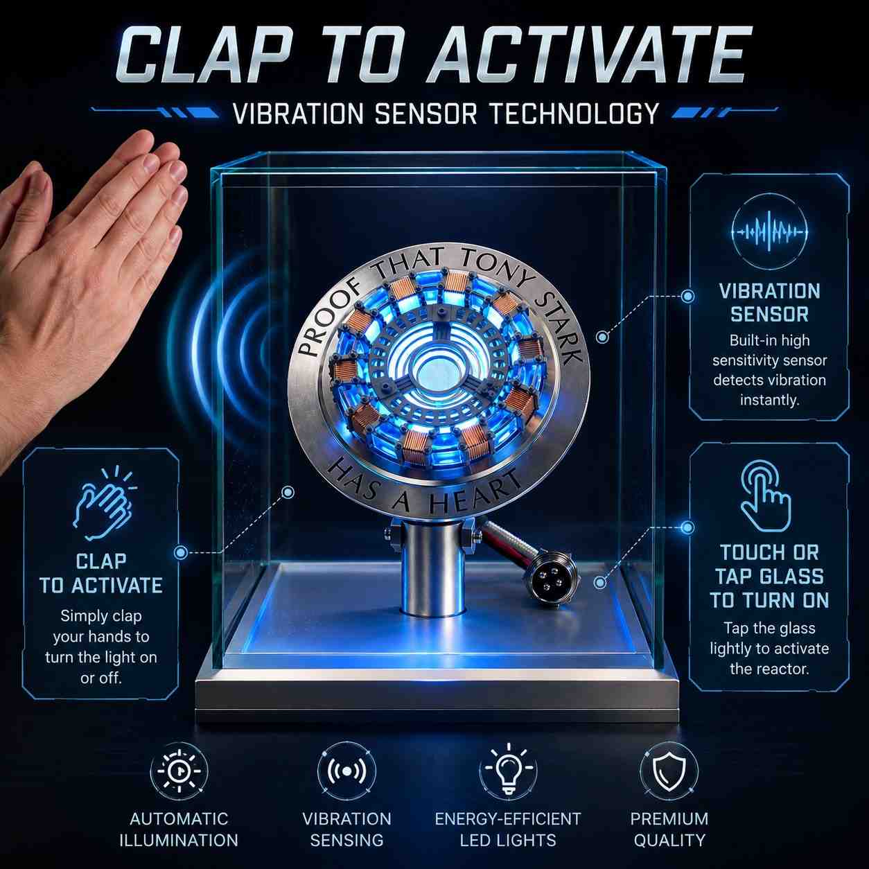 Iron Man Arc Reactor MK1 – Proof That Tony Stark Has A Heart LED Display with Acrylic Case | Vibration Sensor Collectible Replica
