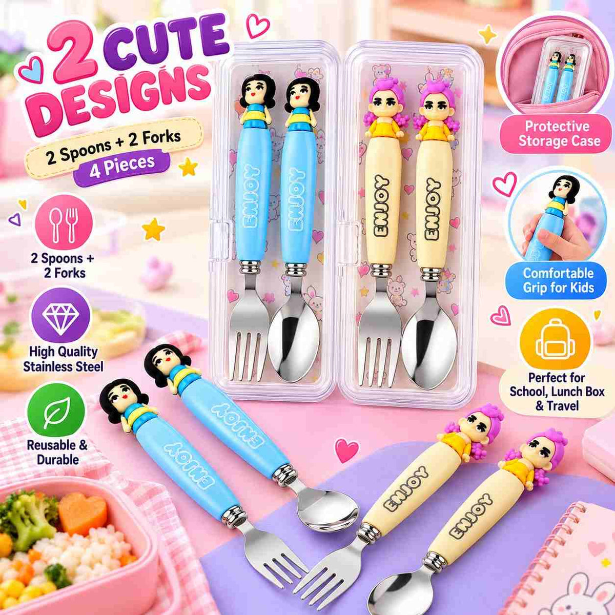 K POP Demon Hunters Spoon & Fork Set for Kids, Girls & Women – Rumi & Meera Character Design, 2 Sets 4 Pieces, Cute Reusable Cutlery with Storage Case