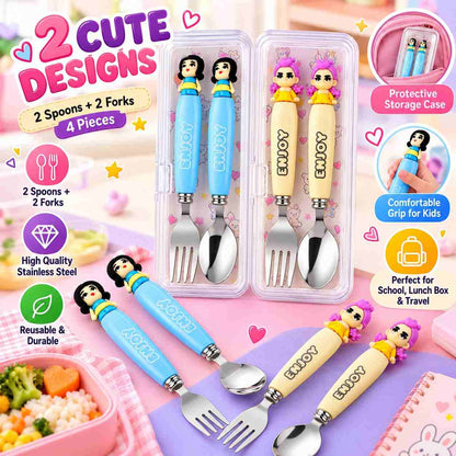 K POP Demon Hunters Spoon & Fork Set for Kids, Girls & Women – Rumi & Meera Character Design, 2 Sets 4 Pieces, Cute Reusable Cutlery with Storage Case