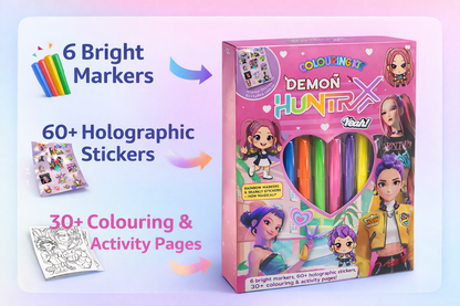K POP Demon Hunters Colouring Kit for Kids – 6 Color Markers, 60+ Holographic Stickers, 30+ Activity Pages | Creative Art & Craft Gift Set