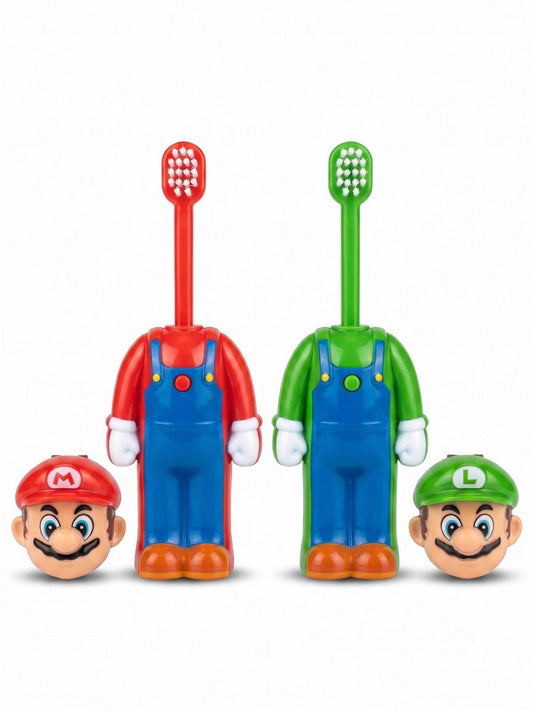 Mario Character Kids Toothbrush Set of 2 | Soft Bristles Cartoon Toothbrush with Protective Cap | Travel Friendly Children's Toothbrush Green & Red