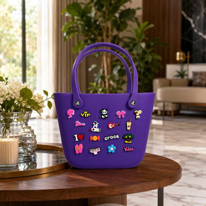 Silicone Croc Tote Bag with Decorative Charms for Girls & Women | Waterproof Lightweight Shoulder Handbag | 33 × 26 × 16 cm | Purple | Large