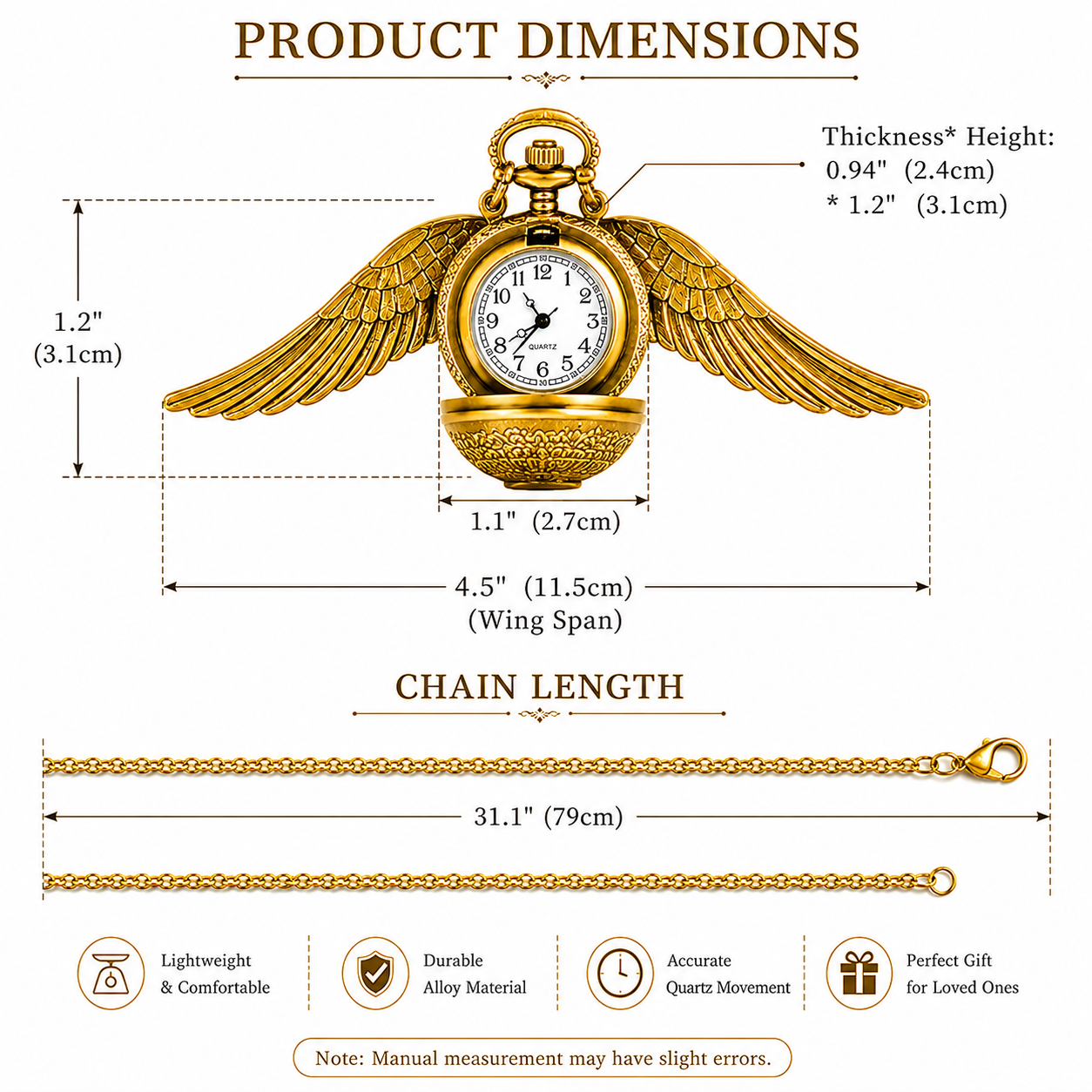 Harry Potter Golden Winged Pocket Watch Necklace with Long Chain – Vintage Quartz Pendant Watch for Men & Women