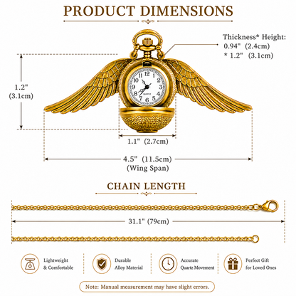 Harry Potter Golden Winged Pocket Watch Necklace with Long Chain – Vintage Quartz Pendant Watch for Men & Women