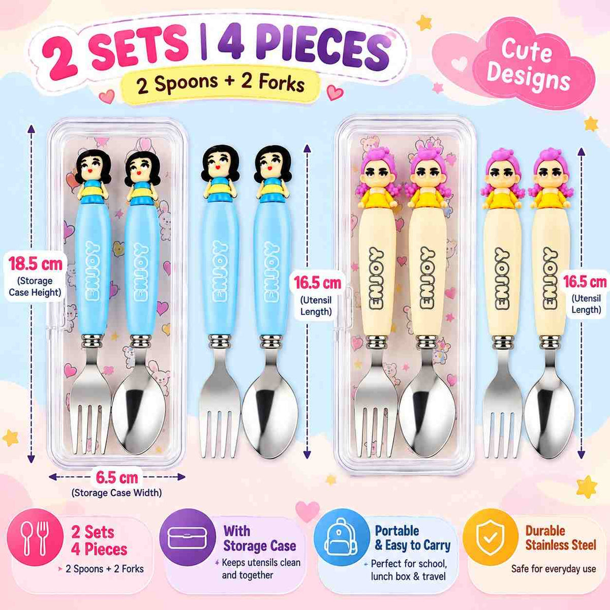 K POP Demon Hunters Spoon & Fork Set for Kids, Girls & Women – Rumi & Meera Character Design, 2 Sets 4 Pieces, Cute Reusable Cutlery with Storage Case