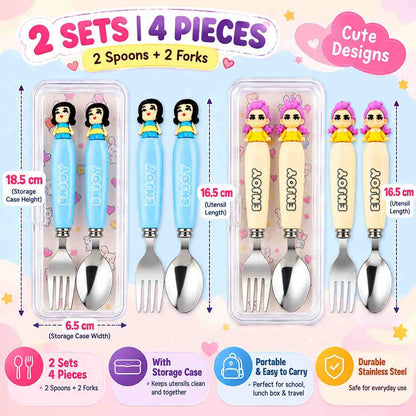 K POP Demon Hunters Spoon & Fork Set for Kids, Girls & Women – Rumi & Meera Character Design, 2 Sets 4 Pieces, Cute Reusable Cutlery with Storage Case