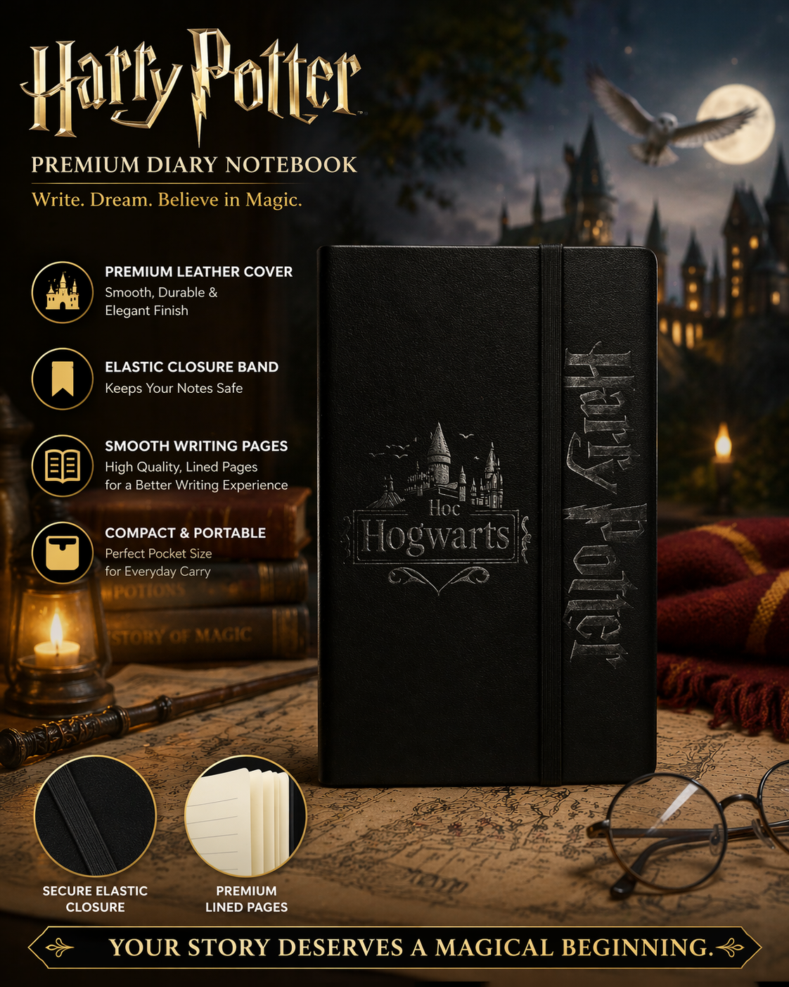 Harry Potter Diary Notebook – Premium Journal | Magnetic & Elastic Closure | Compact 11x7 cm | Smooth Writing Pages | Gift for Kids & Fans |Random 1 pcs