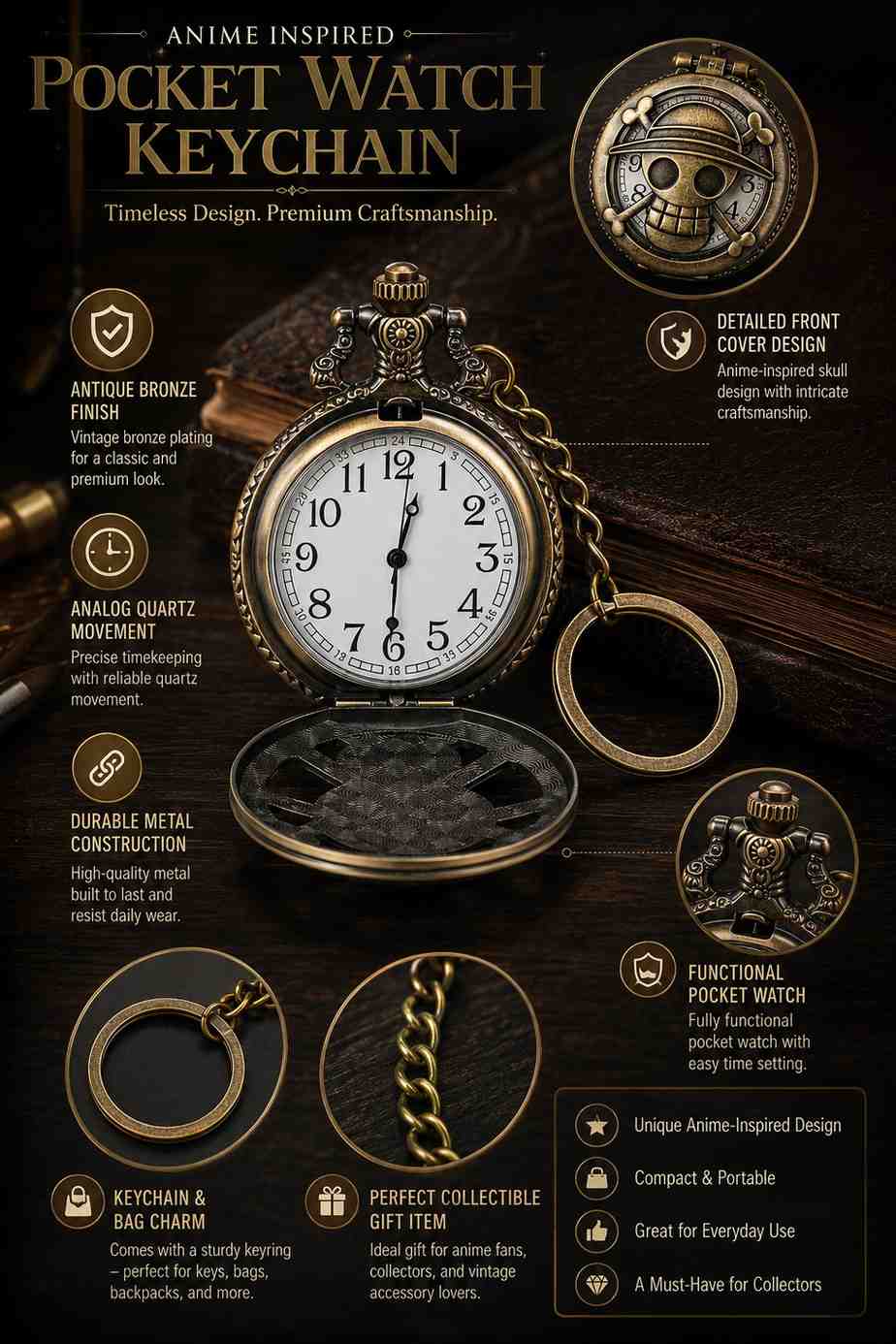 Anime Inspired Vintage Pocket Watch Keychain | Antique Bronze Collectible Gift