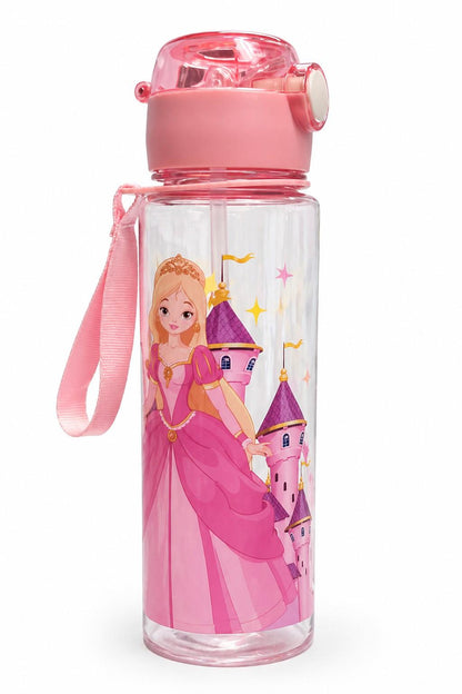 Water Bottle with Straw & Strap – Leak Proof BPA Free Cartoon Princess / Elsa Style Bottle (Random 1 PCS) for School & Trave