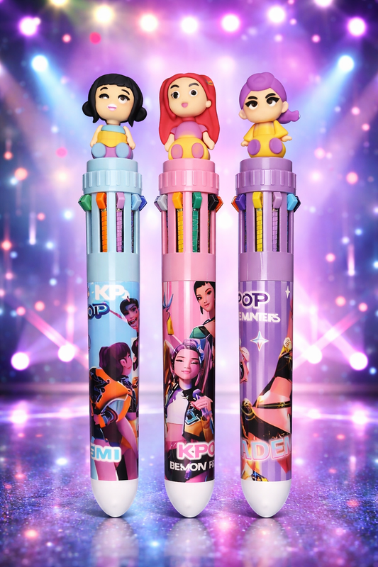 K POP Demon Hunters Multicolor 10-in-1 Retractable Pen Set with Cute Doll Topper | Cartoon Multi Ink Pen for Kids, School, Office & Gifts (Pack of 3)