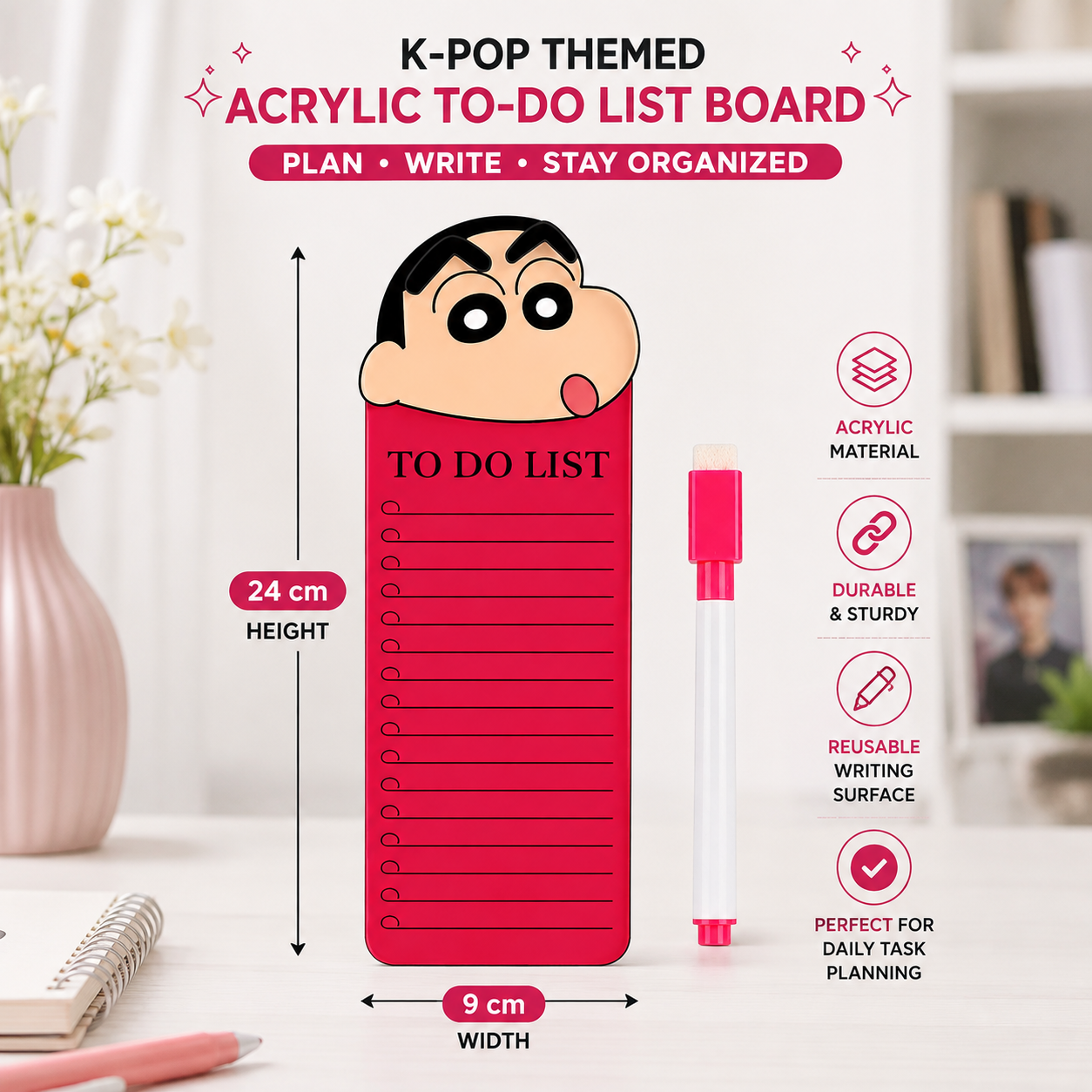 Sinchan to Do List Fridge Magnet with Marker, Reusable Acrylic Daily Planner Board, Magnetic Task Checklist for Home, Kitchen, Office & Kids, Pink Cartoon Design, 24 x 9 cm