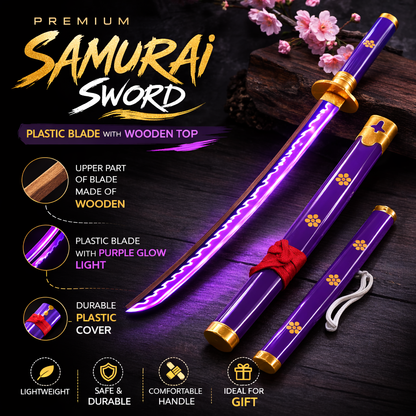 Premium LED Purple Samurai Sword with glowing plastic blade and wooden upper part. Lightweight, safe and durable toy sword with plastic cover. Perfect for cosplay, decoration and kids play. Length 104cm (ENMA VIOLET)