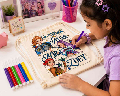 K-Pop Demon Hunters Coloring Dori Bag – DIY Canvas Drawstring Bag with 6 Color Sketch Pens