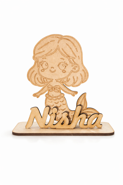 Personalized Mermaid Name Standee | Custom MDF Name Plate | Kids Room Decor | Wooden Cartoon Name Sign | Gift for Girls
