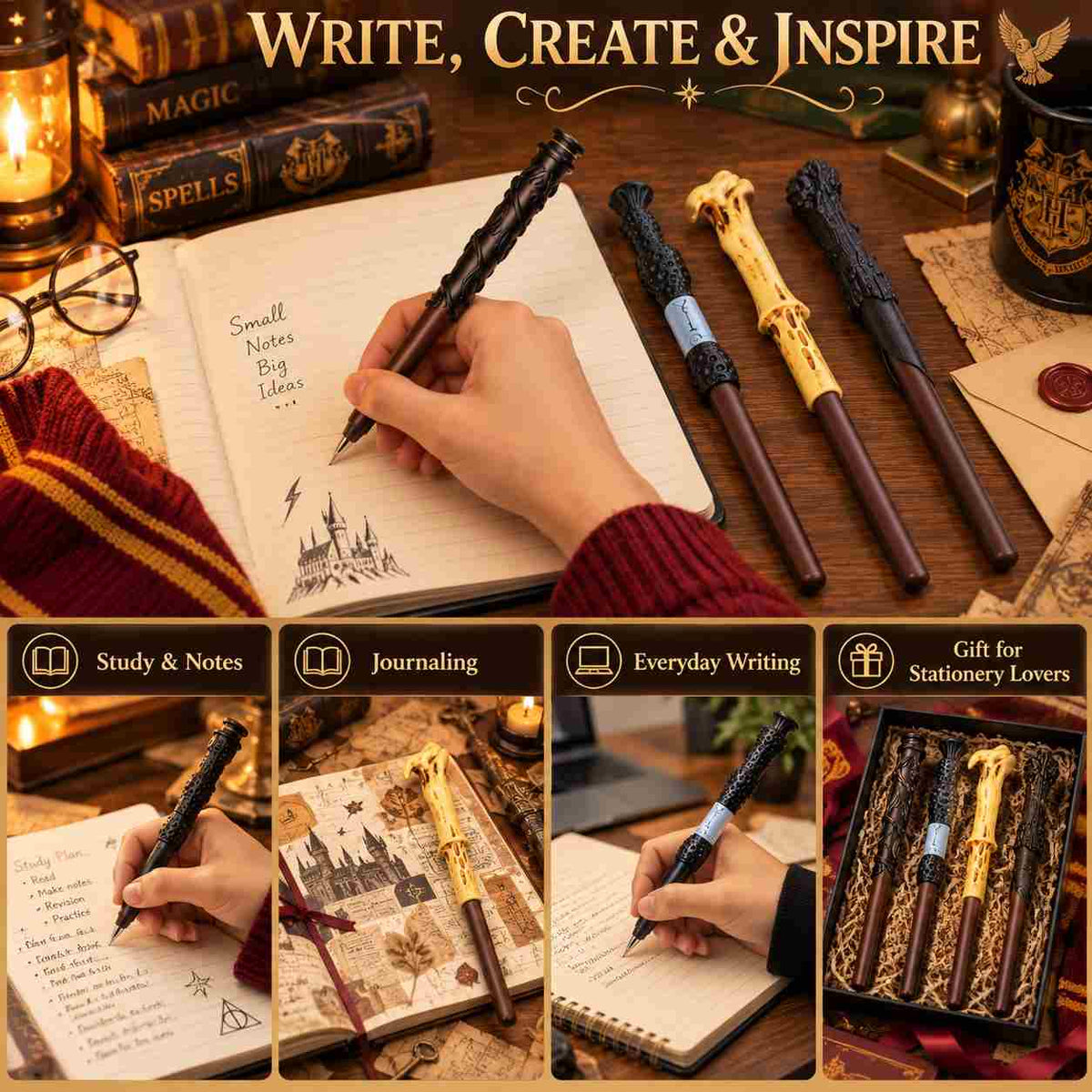 Harry Potter Wand Pen Set of 4 | Magical Theme Pens for Kids & Fans