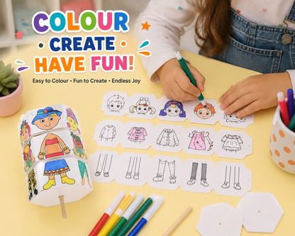 Kids DIY Colouring Kit with 4 Markers & Wooden Stick | Mix & Match Character Cube