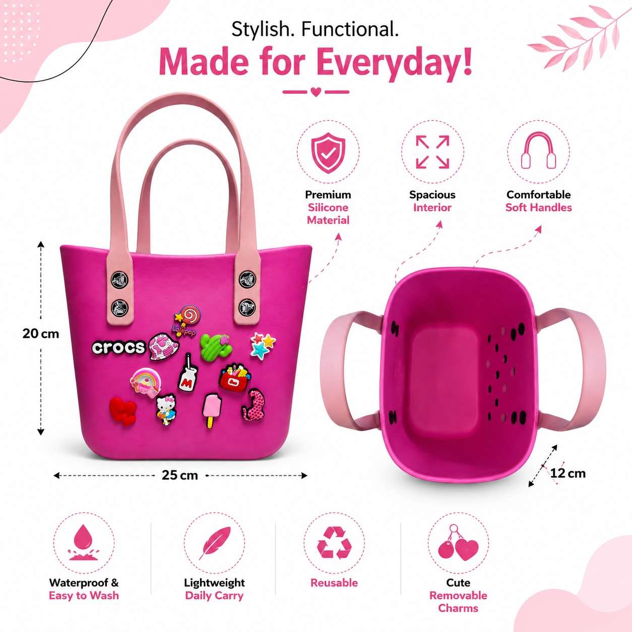 Silicone Croc Bag with Decorative Charms for Girls & Women | Waterproof Lightweight Everyday Tote Handbag 20x25x12 | Medium